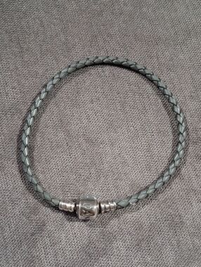 Pandora Grey Braided Leather Single 925 Sterling Silver Bracelet 8" VG+ ALE